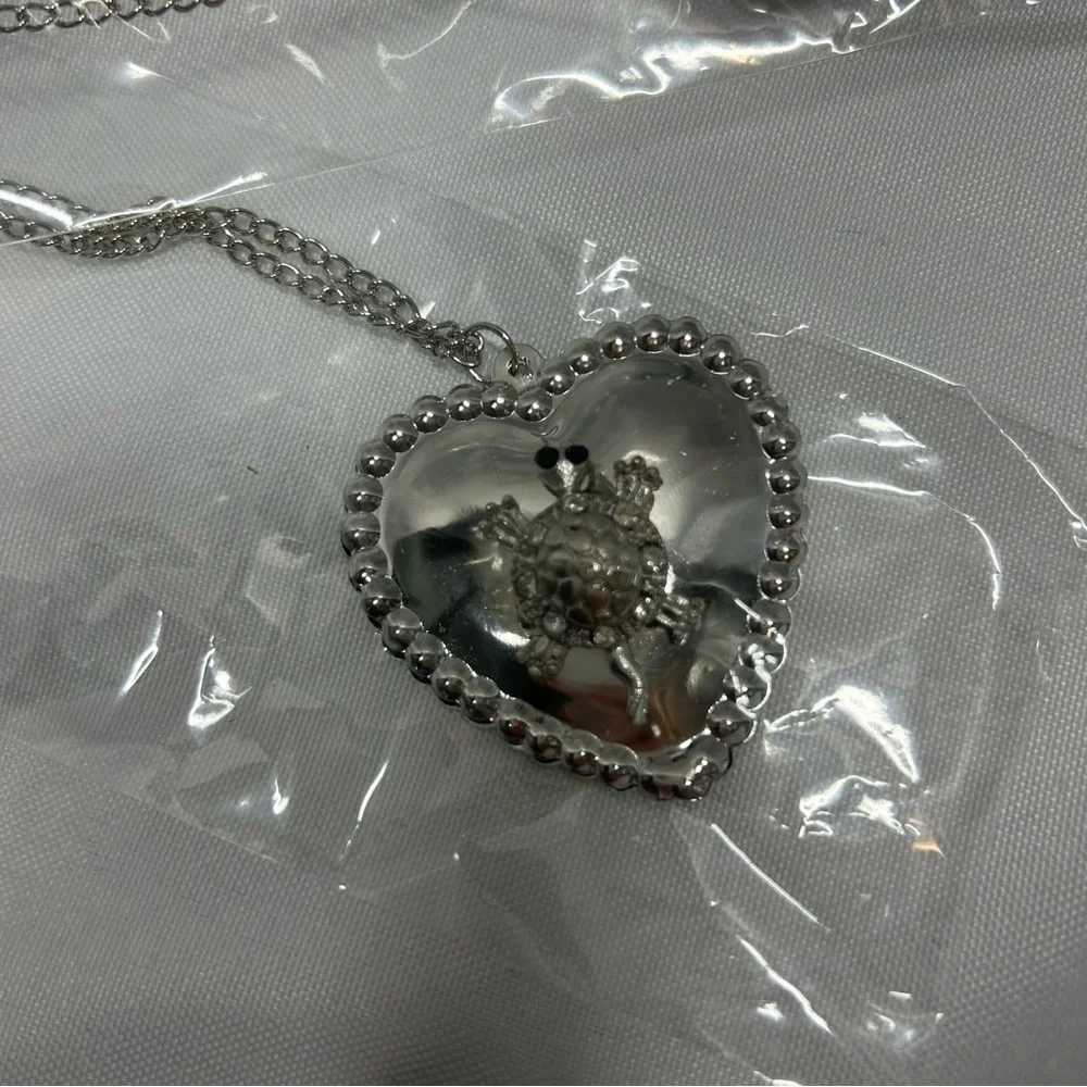 NWT Turtle Heart Necklace With Earrings Long Chain Silver Diamonds Jewelry
